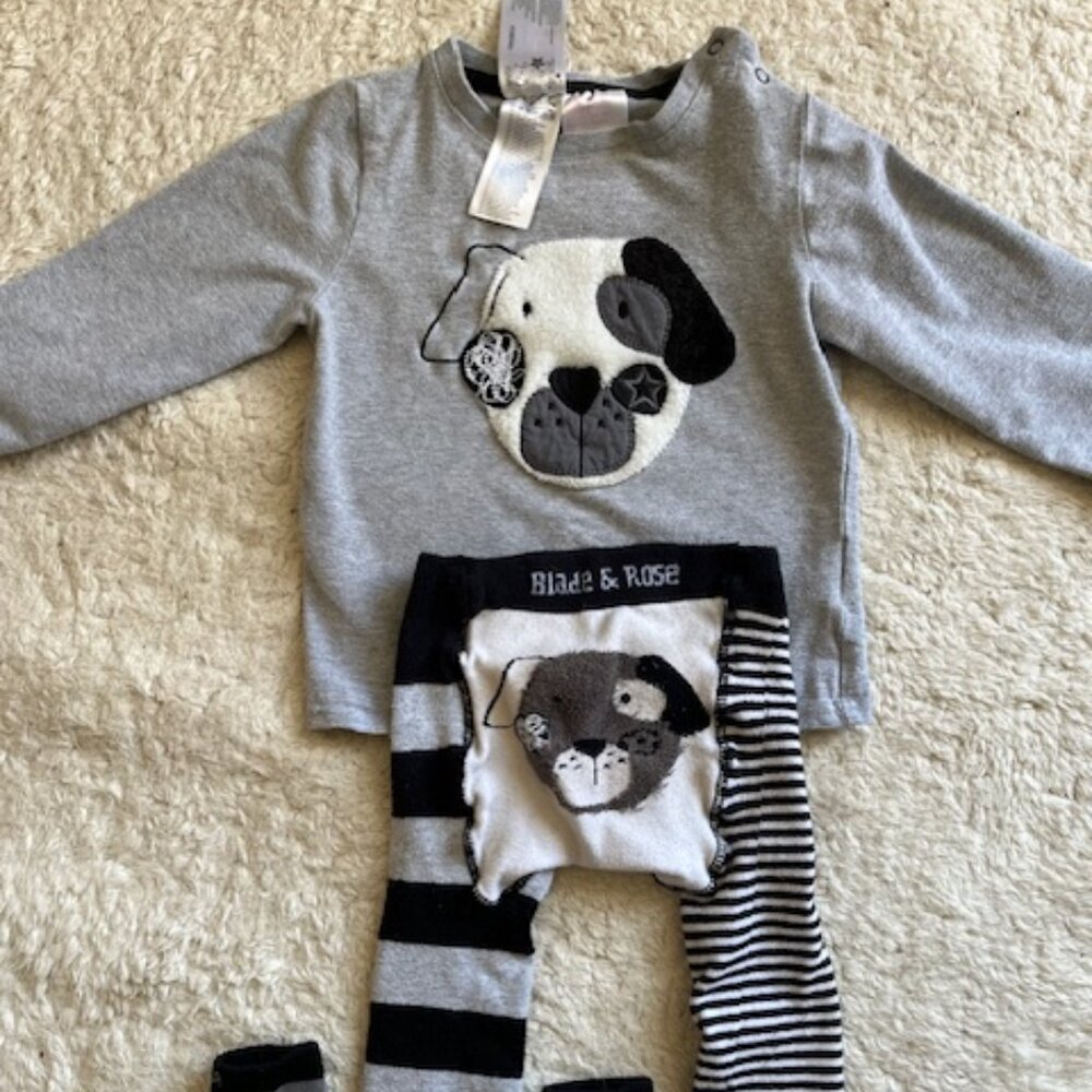 Blade & Rose Black, Grey & White Puppy Set Top Leggings & Socks Size 2-3 Yrs